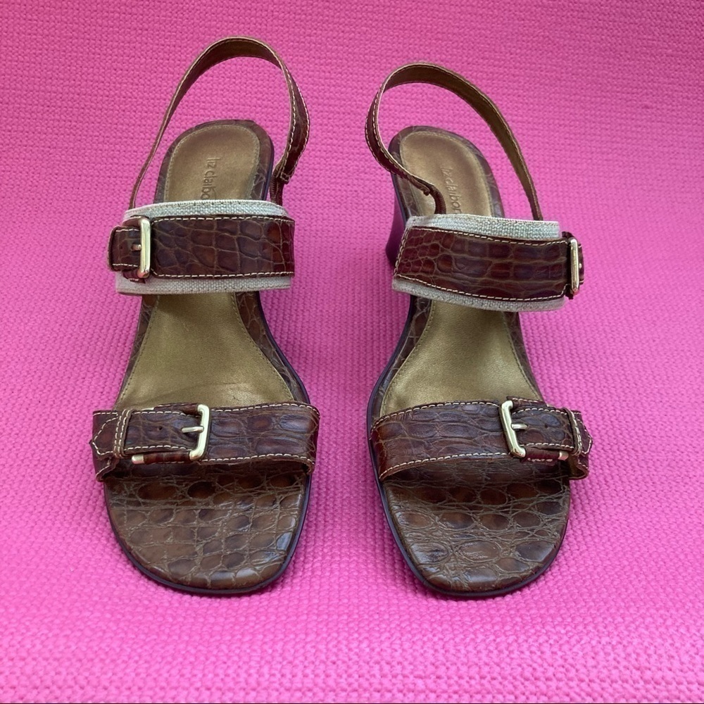 LIZ CLAIBORNE BROWN FAUX SNAKESKIN/CANVAS LEATHER SANDALS/HEELS size 10… - Picture 2 of 7